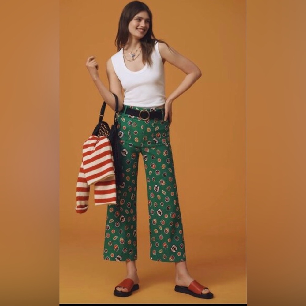 Anthropologie Maeve Colette Fruit Print Cropped Wide Leg Pants Green Size 28 NWT - Picture 4 of 15